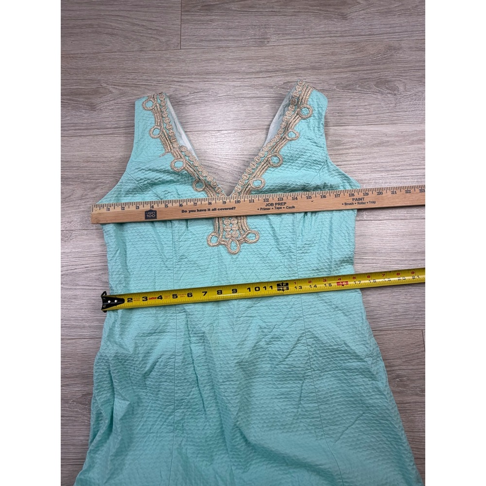 Lilly Pulitzer Bentley Sleeveless Aqua Blue Dress Gold Embroidery V Neck Size 14 - Picture 4 of 8